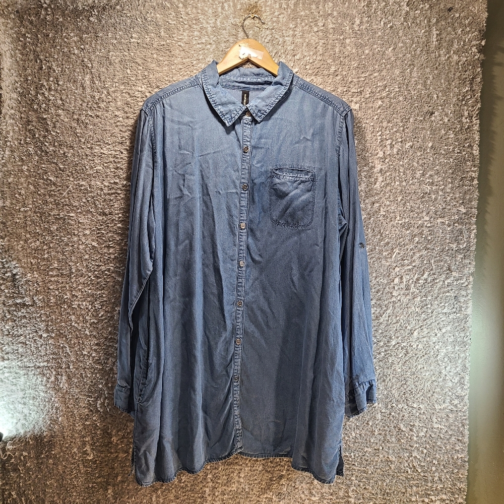Match Point Tencel Shirt Dress Button Up Large Blue Pockets Roll-Tab Sleeve